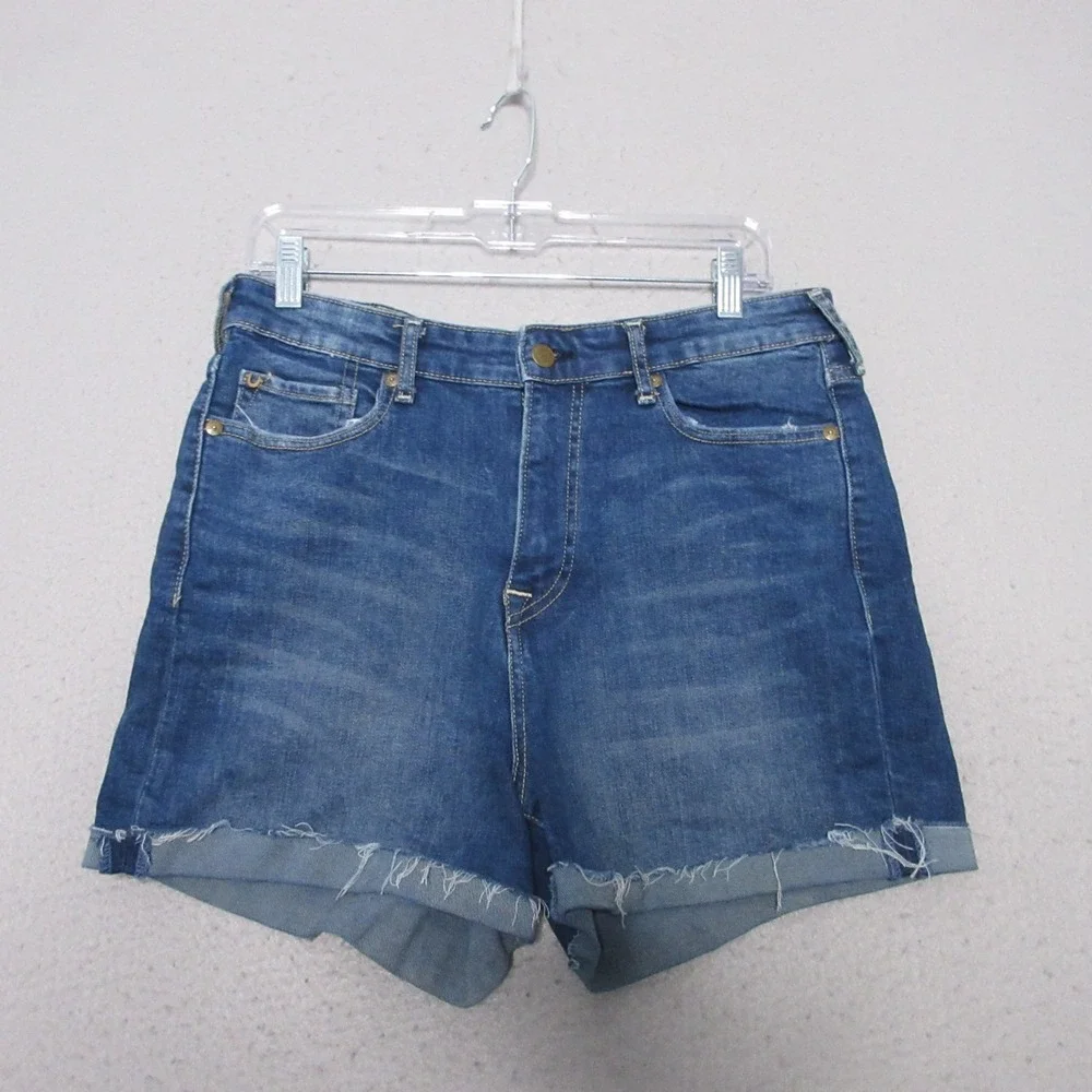 True Religion Jean Shorts Women 33 Jennie Curvy High Rise Cuff‎ Fray Hem Comfort